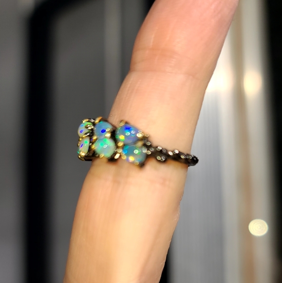 8 teardrop Opal sterling Rhodium& gold ring sz6 - Picture 2 of 6